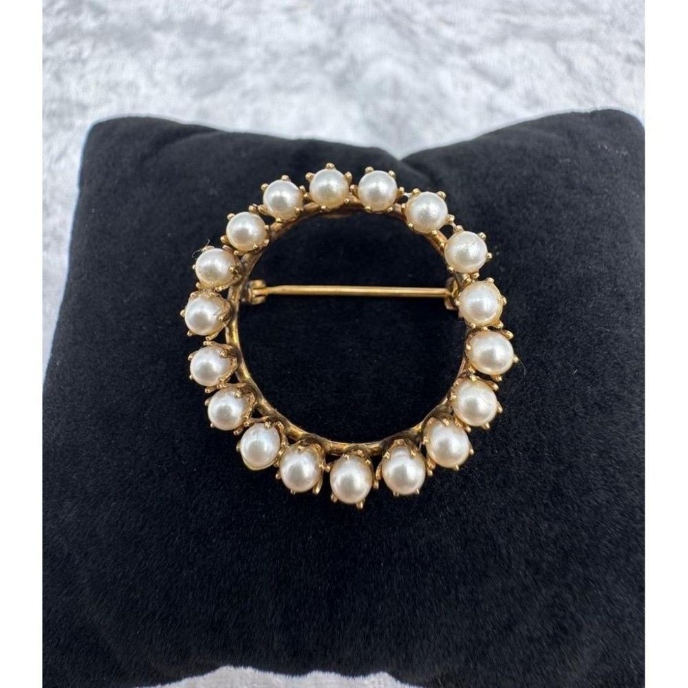 Vintage 1/20th 12K Gold Filled Faux Pearl Round Brooch Pin 1" Classic Timeless